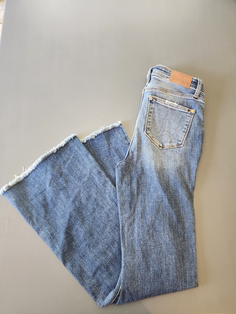 Judy Blue MidRise Distressed Flare Jean Button Fly Raw Hem Size 7/28L Dark Wash